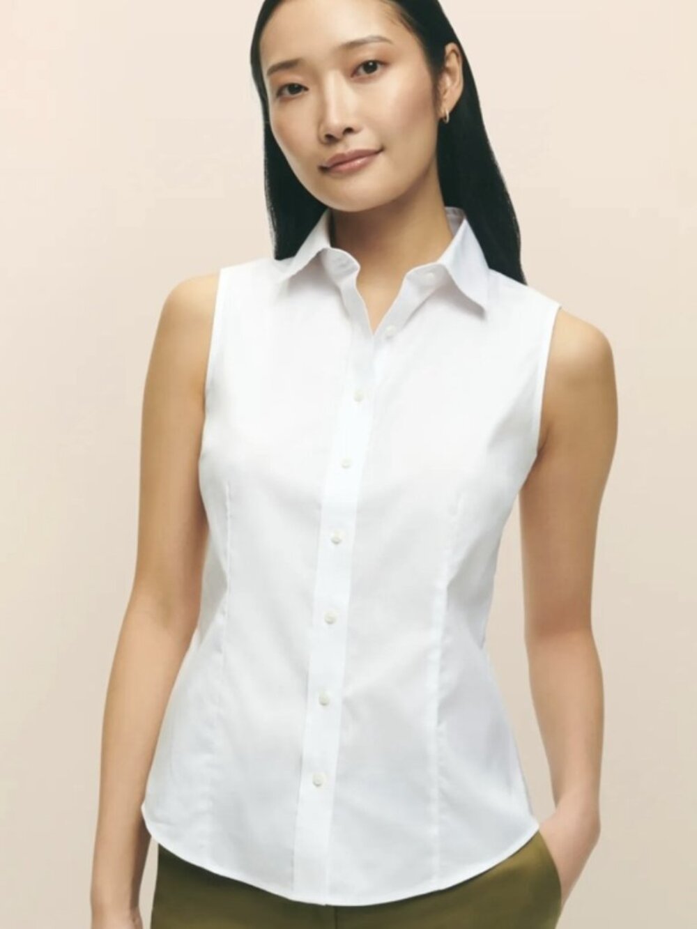 Brooks Brother Women Supima Cotton White Dress Shirt Sleeveless Fitted Non-Iron